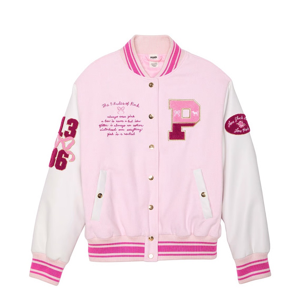 PINK X LOVESHACKFANCY REISSUED BOYFRIEND VARSITY JACKET XS